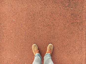 Low section of person standing on brown footpath