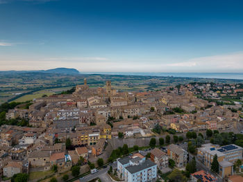 High angle view of townscape against sky during sunset