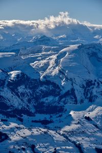 Aerial view of snowcapped mountains against sky