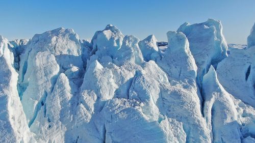 Panoramic view of snowcapped mountains against clear blue sky