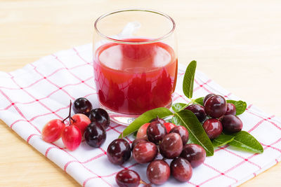 High angle view of grapes in glass on table