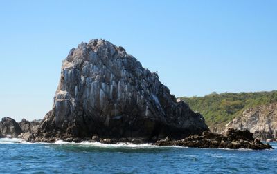 Rock formations in sea against clear blue sky