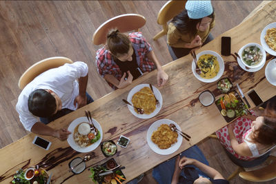 High angle view of people eating food