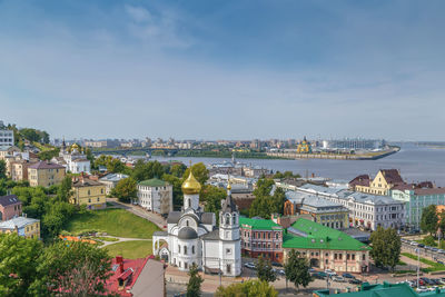 View of temple of the kazan icon of the mother of god from kremlin, nizhny novgorod, russia