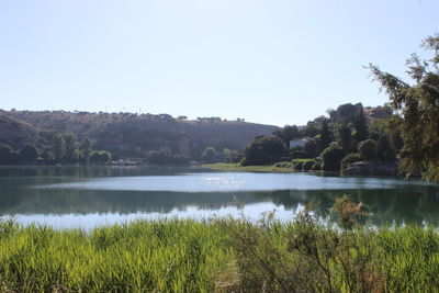 Scenic view of lake against clear sky