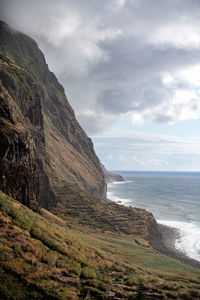 Scenic view of sea by mountain against sky