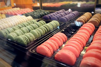 Close-up of macaroons for sale in store