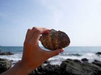 Close-up of hand holding rock at beach against sky