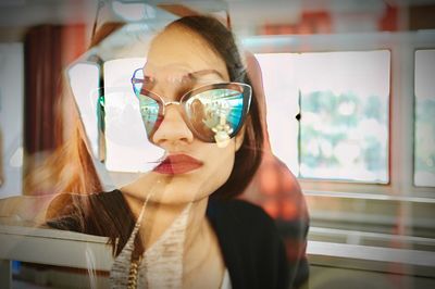 Double exposure image of woman wearing sunglasses at home