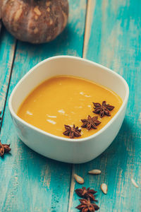 High angle view of soup in bowl on table
