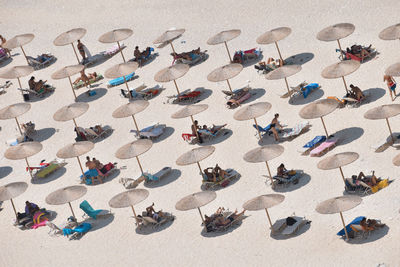 High angle view of umbrellas on beach