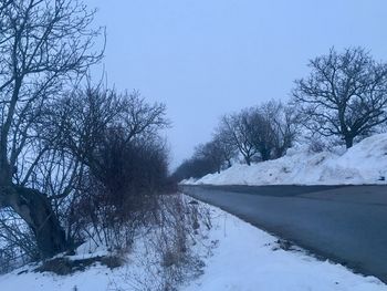 Bare trees on snow covered landscape against clear sky