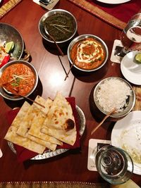 High angle view of food served on table