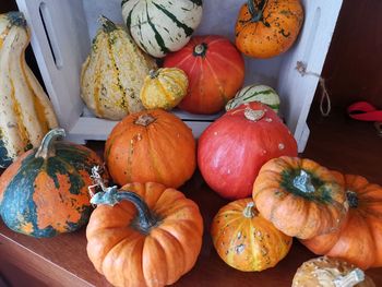 High angle view of pumpkins for sale