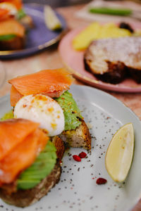 High angle view of breakfast served on table