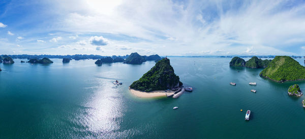 High angle view of bay against sky