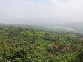 High angle view of field against sky