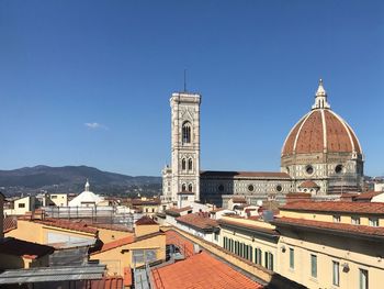 View of cityscape against clear blue sky