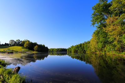 Scenic view of lake against clear blue sky