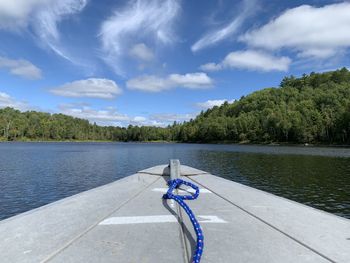 Nautical vessel on lake against blue sky
