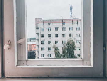 Reflection of building on glass window