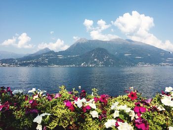 Scenic view of sea and mountains against sky