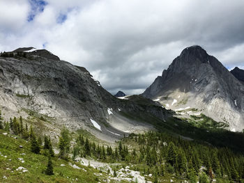 Scenic view of mountains against cloudy sky