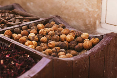 Large selection of different spices on the market, close-up