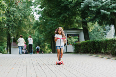 Active little child girl riding scooter on road in park outdoors on summer day