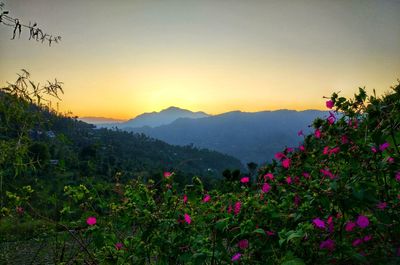 Scenic view of mountains against clear sky during sunset