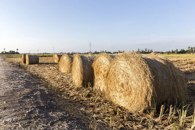 Hay bales on field against sky