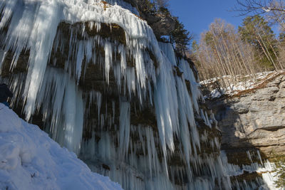 Low angle view of ice on cliff against sky