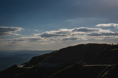 Scenic view of sea and mountains against sky