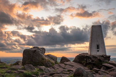 Rock formations in sea against sky during sunset