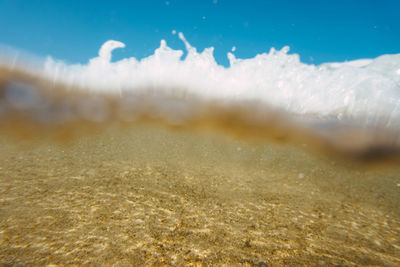 Close-up of wave on beach against sky