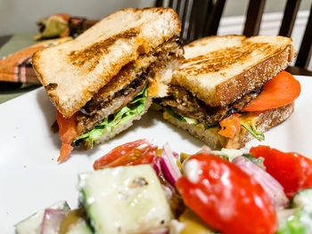 Close-up of an eggplant blt