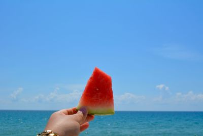 Person holding ice cream against sea