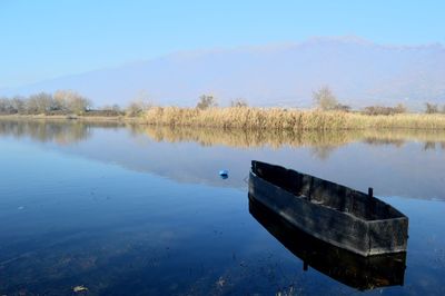 Boat moored on lake against clear sky