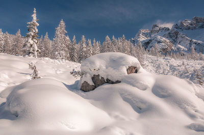 Snow covered landscape against sky