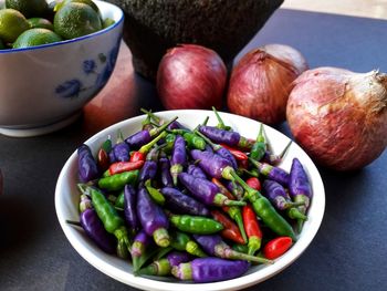 High angle view of vegetables in bowl on table