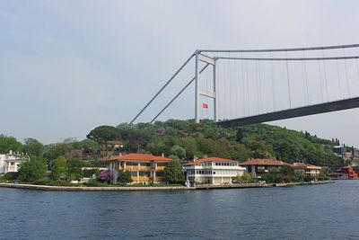 Bridge over river by buildings against sky