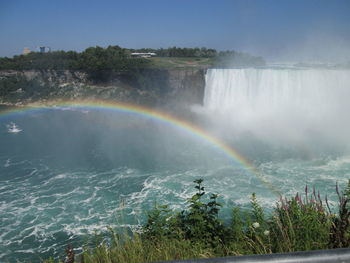 Scenic view of rainbow over trees