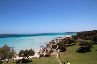 Scenic view of beach against blue sky