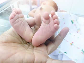 Low section of baby lying on bed