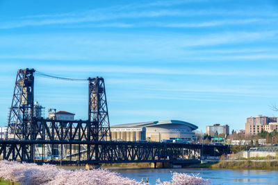 Bridge over river against sky in city