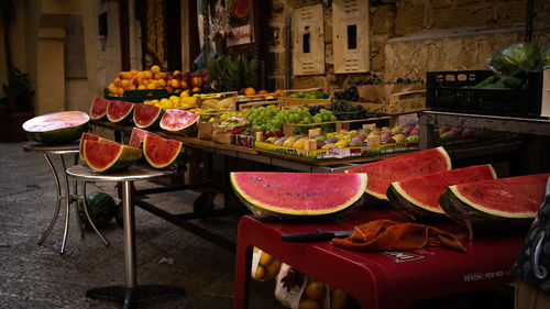 Fruits and vegetables on table at market