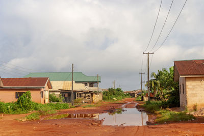 Houses by building against sky