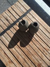 High angle view of wooden plank on table