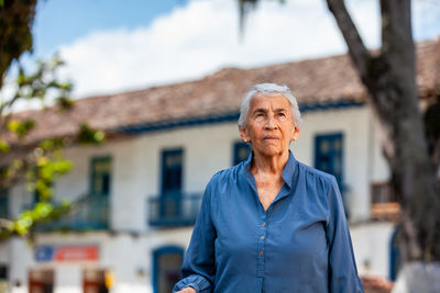 Senior woman tourist at the heritage town of salamina in the department of caldas in colombia