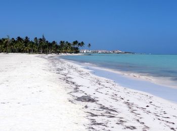 Scenic view of sea against clear blue sky